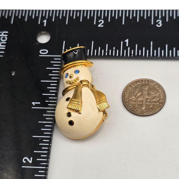 Monet Snowman Brooch Pin Gold Tone Enamel Scarf Blue Eyes Holiday Jewelry Gift - Picture 8 of 11